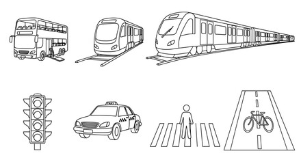 Outlined public transport vehicles and pedestrian infrastructure icons in a graphic representation