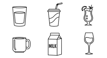 Assorted beverage containers including a glass, cup, carton, and cocktail illustration drawing line art