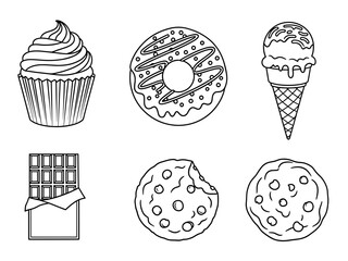 Outlined sweets assortment featuring a cupcake, donut, ice cream, chocolate bar and cookies drawing design