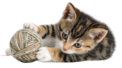 Cute kitten playing with a ball of yarn, isolated on a white background.