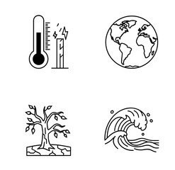 Four icons depicting global warming: thermometer, fire, earth, tree, and wave, arranged in a square