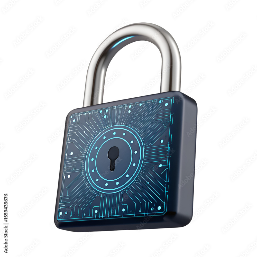 Poster 3d render of a cybersecurity lock tech icon placed on a transparent background in high resolution