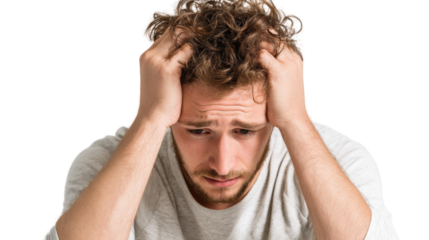 Frustrated young man holding his head, expressing feelings of stress and anxiety against a black background.