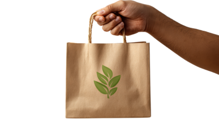 Hand holding a brown paper bag with a green leaf logo, symbolizing eco-friendly products and sustainable shopping.