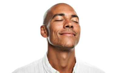 Happy man with closed eyes and a satisfied smile, expressing joy and relaxation, isolated on white background.