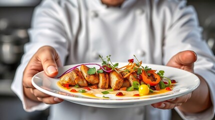 Chef cooks and a waiter serves a fresh healthy gourmet meal in a restaurant kitchen.