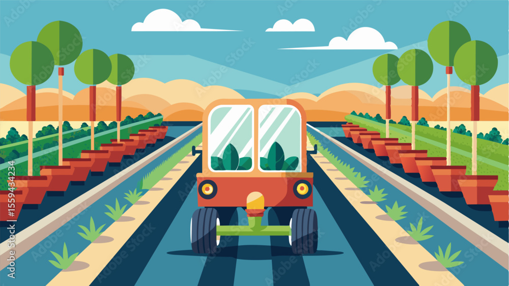Poster an innovative greenhouse with selfpropelled planting machines that navigate through the rows of crop