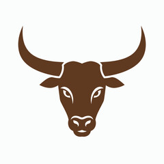 A brown stylized graphic of a bulls head with large horns facing front