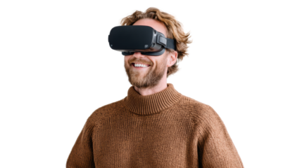 Smiling man wearing virtual reality headset, enjoying immersive experience.