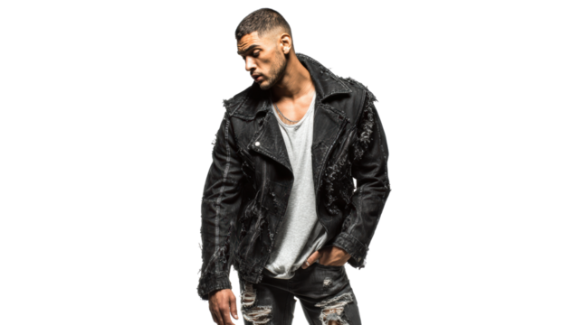 Stylish man in leather jacket, posing confidently against a white isolate background.