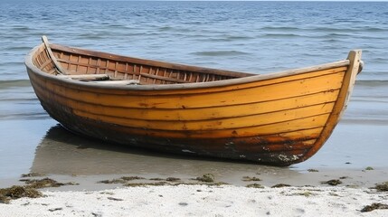 Fototapeta premium Rustic Wooden Rowboat on Sandy Beach Seascape