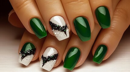 Elegant Green and White Nail Art Design with Glitter Accents