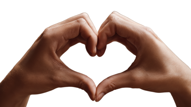 Two hands forming a heart shape symbolizing love and connection on a white isolate background.