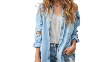 Young woman in casual outfit with denim shorts and oversized shirt, smiling, isolated on white background.