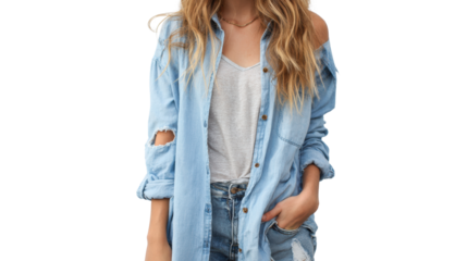Young woman in casual outfit with denim shorts and oversized shirt, smiling, isolated on white background.