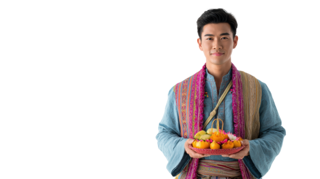 Young man in traditional attire holds a tray of colorful fruits and flowers, festive celebration isolated on white background.