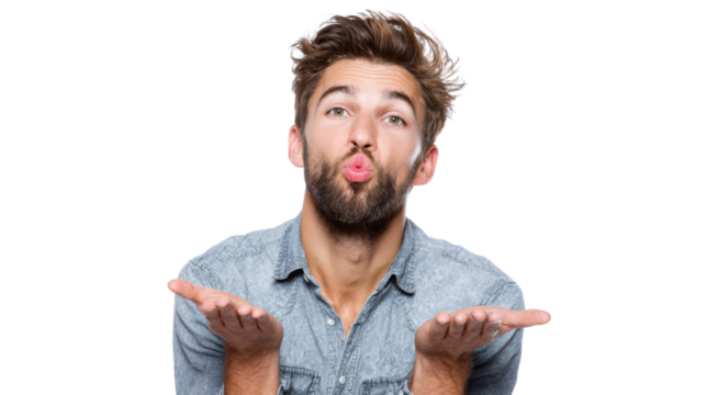 Young man making a playful gesture with a kiss, isolated on white background.