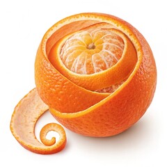 A whole, ripe orange with its peel unfurling in a single, continuous, perfect spiral, revealing the vibrant, juicy fruit underneath. The peel stands on its own, a testament to a skilled hand