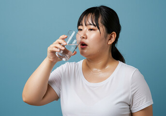 Korean Women Obesity, Post-Exercise Moisture Intake, Water Supplement, Water Drinking Stock Image, Sweating Asian Women