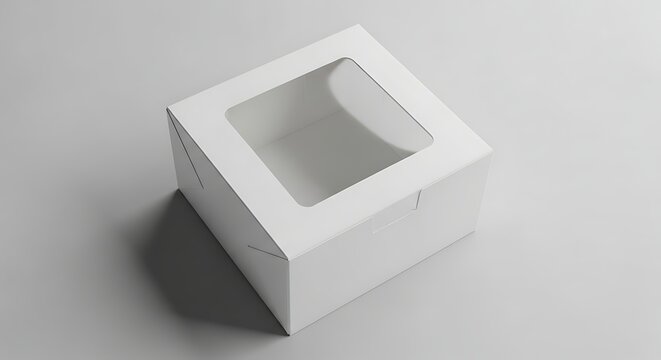 Isolated square white cardboard cake box with window on a light background