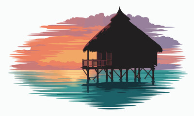 Silhouette of a thatchedroof hut on stilts over water at sunset