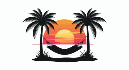 Silhouette of two palm trees with a hammock against a vibrant sunset over the ocean