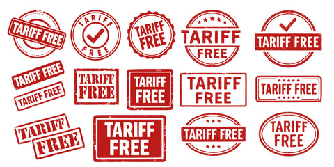 High-quality vector set of vintage-style 'Tariff Free' rubber stamp labels in bold red
