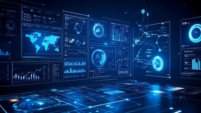 Futuristic Data Visualization Interface Displaying Interactive Statistics and Global Analytics