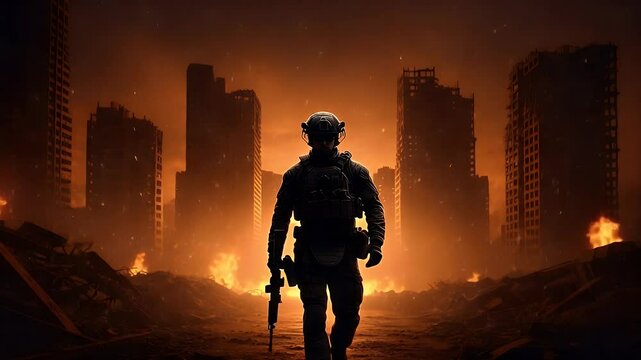 Silhouette soldier walking through war torn city at night