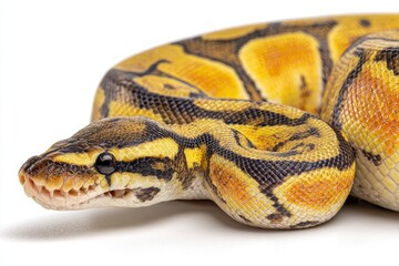 Obraz premium A coiled ball python with intricate black and yellow markings detailed scales and a distinct head shape