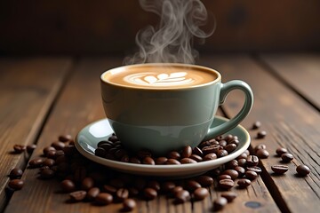 A steaming cup of coffee with coffee beans scattered around, styled on a rustic wooden surface for a cozy caf&eacute; vibe