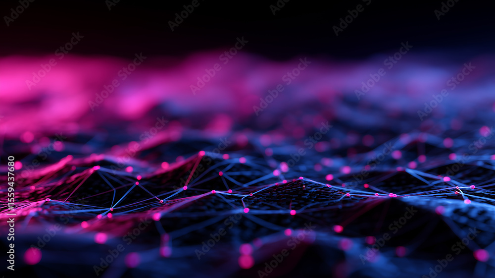 Poster neon-lit digital node web illustrates a hyper-connected future network