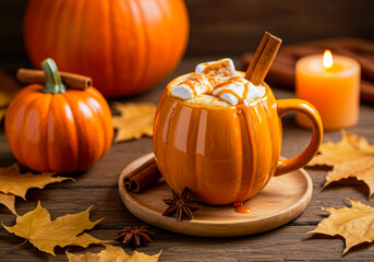 Candlelit Comfort: Spicy-sweet pumpkin latte, caramel-marshmallow-cinnamon swirl. Handmade pumpkin mug creates warm autumn ambiance.