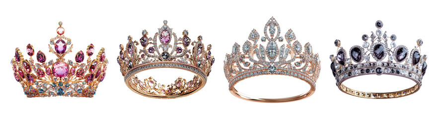 Elegant Crown Collection with Gems for Royalty and Pageantry, PNG bundle collection, Isolated on Transparent Background