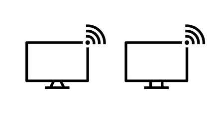 WIFI signal on computer screen icon in line style. Desktop PC monitor with wireless network symbol