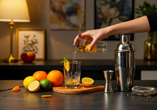 Elevating home entertaining: Skilled hands prepare vibrant, citrus-packed cocktails using an array of classic bar tools.