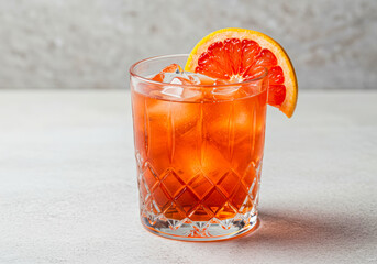 Pink sunset chill: Negroni Rosa, glistening with ice and grapefruit in a unique glass, the definitive summer beverage.