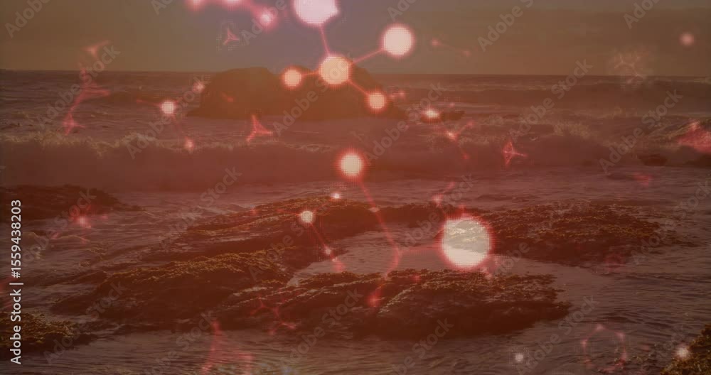 Poster sun dipping below horizon, red molecular graphics forming over tide pools visualizing network
