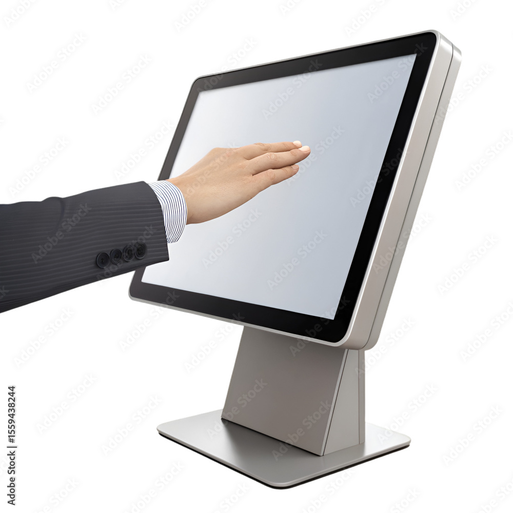 Poster 3d render of a touchscreen hand tech icon illustrated on transparent background with soft highlights