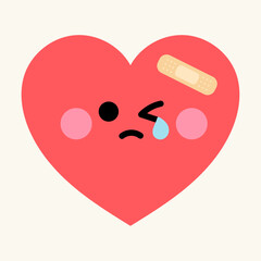A cute kawaii character of a crying red heart with a bandage. This emoji style icon represents sadness, hurt feelings, emotional pain, heartbreak, and feeling unwell