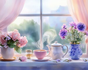 cozy tea time setup by a rainy window, steam rising from the cup, watercolor texture and pastel tones