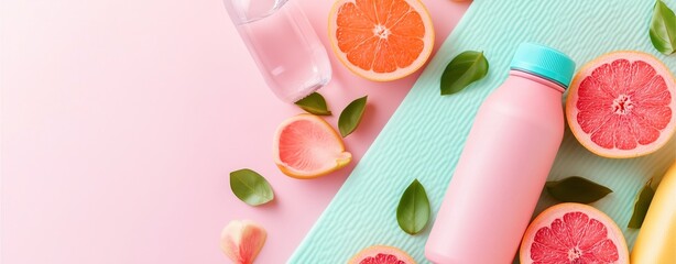 Healthy lifestyle concept with sliced fruit, water bottle, and fitness mat on a soft pastel background
