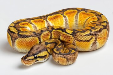 Obraz premium A yellow and brown python is curled on a white surface