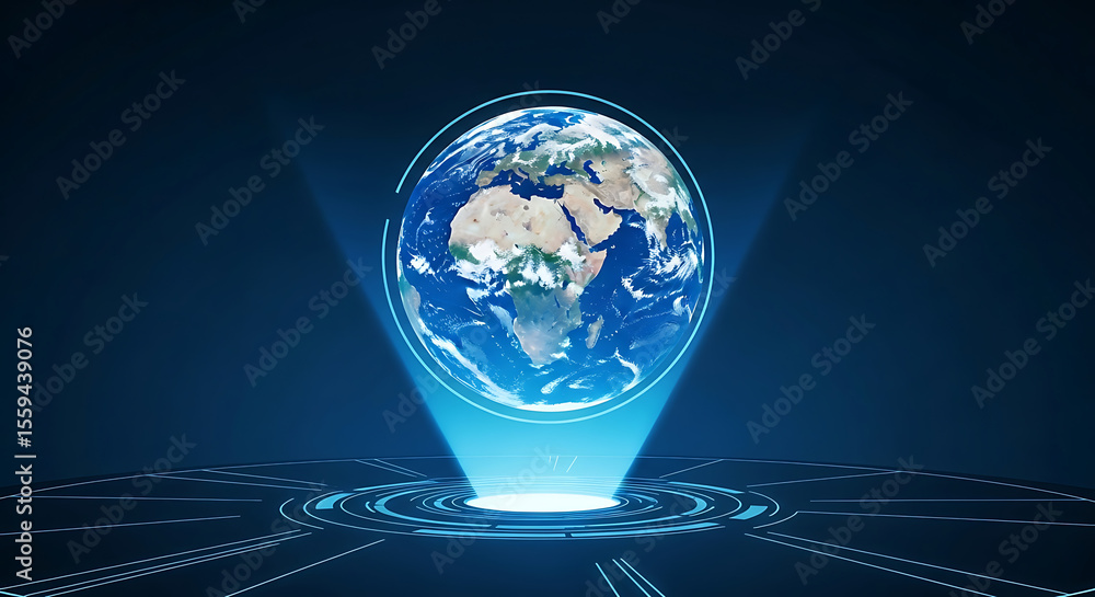 Poster digital rendering of earth as a hologram, projecting from a circular platform on a dark blue backgro