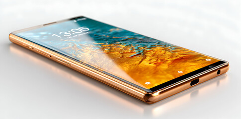 Golden Smartphone Displayed Angled View Against White Background