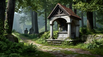 Fototapeta premium Serene Forest Burial Ground Stone Mausoleum Path leads to ancient headstones in a mystical woodland setting
