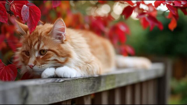 Orange cat relaxes on a wooden fence surrounded by vibrant red leaves in autumn sunlight