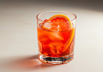 Effervescent Elegance: Your perfect Negroni Rosa, beautifully presented in a shimmering textured glass with ice and a bright grapefruit slice, ideal for summer menus.