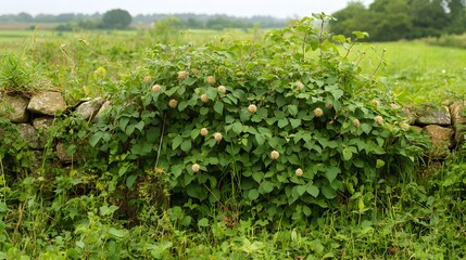 lush green clematis plant growing on stone wall in countryside