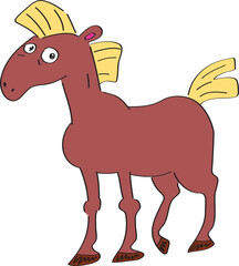 Fototapeta premium funny standing brown horse with yellow mane looking at camera, full length, hand drawn with a black brush